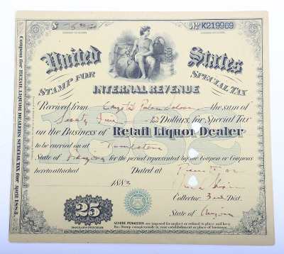 1882-1883 liquor license for the Crystal Palace Saloon Tombstone Arizona