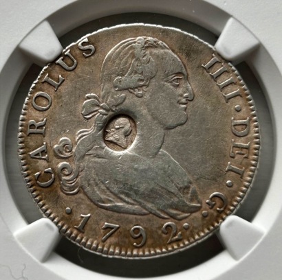 NGC Ð George III (1760-1820), Emergency Issue - Half Dollar Oval Countermark on portrait 4 Reales of Charles IV, 1792 MF, Madrid,