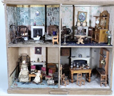 A good painted wooden dolls house and contents, English circa 1860, - 2