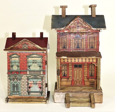 A small painted wood and paper lithographed dolls house, German circa 1895,