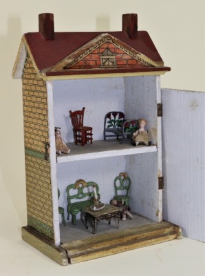 A small painted wood and paper lithographed dolls house, German circa 1895, - 2