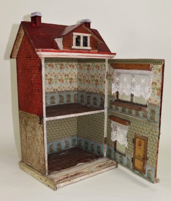 A small wooden dolls house with red brick paper lithographed exterior, German circa 1905, - 2