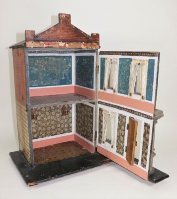 A small wooden dolls house with red brick paper lithographed exterior, German circa 1905, - 4