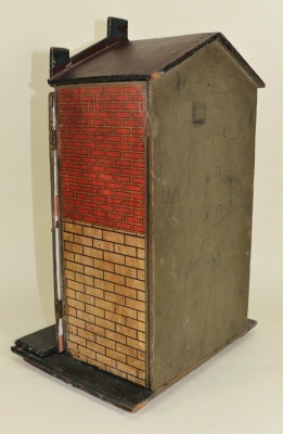 A small wooden dolls house with red brick paper lithographed exterior, German circa 1905, - 5