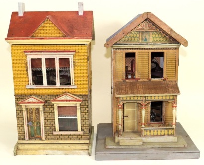 Two dolls houses including a small wooden red roof house, probably Bliss American circa 1900,