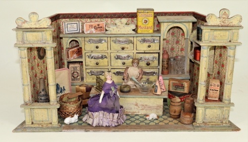 A painted wooden grocery store room set, circa 1890,