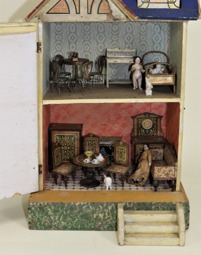 Two dolls houses including a Moritz Gottschalk wood and paper lithographed blue roof dolls house, German circa 1905,