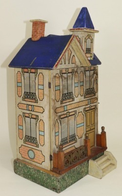 Two dolls houses including a Moritz Gottschalk wood and paper lithographed blue roof dolls house, German circa 1905, - 2