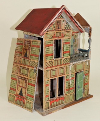 Two dolls houses including a Moritz Gottschalk wood and paper lithographed blue roof dolls house, German circa 1905, - 4