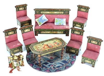 Rare set of Chinois style paper lithographed Dolls House table and chairs, German 1880s,