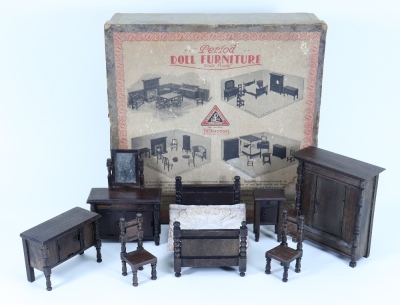 Boxed suite of Triangtois Jacobian Bedroom Dolls House furniture, English 1930s,