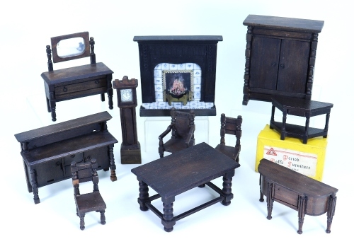 Elgin of Enfield Jacobian style Dolls House furniture, English circa 1930,