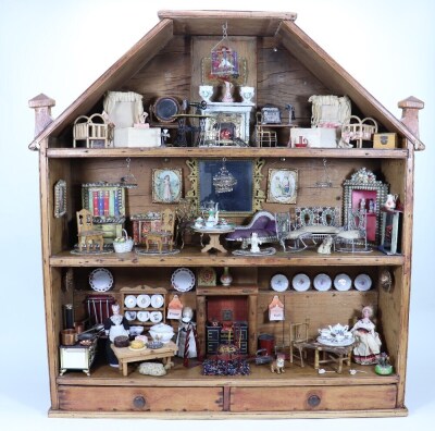 Open fronted pine hanging display dolls house with shelves, English circa 1900,