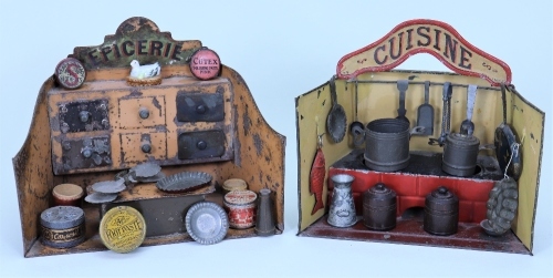 Miniature painted tin-plate &lsquo;Epicerie&rsquo; and &lsquo;Cuisine&rsquo; toys, French circa 1890,