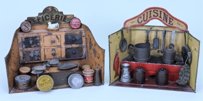 Miniature painted tin-plate &lsquo;Epicerie&rsquo; and &lsquo;Cuisine&rsquo; toys, French circa 1890,