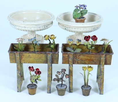 Painted metal planters with Viennese painted flowers in pots, early 20th century,