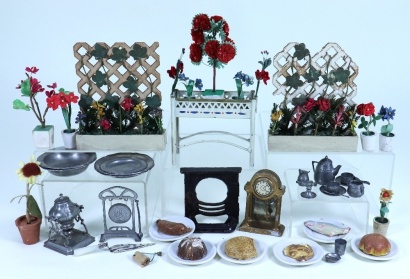 Dolls house garden planter, trellises, miniature pewter, food and more, 1880-1910,