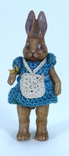 An all bisque Hertwig Rabbit in crochet dress, German circa 1910,