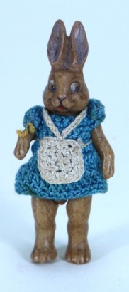 An all bisque Hertwig Rabbit in crochet dress, German circa 1910,