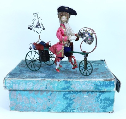 Rare all original boxed Gustave Vichy clockwork bell ringing monkey on tricycle, French circa 1885,