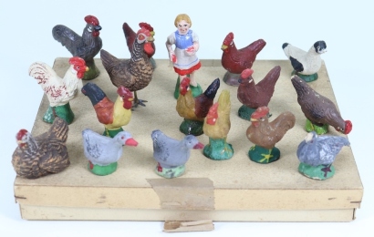 Boxed set of painted composition Farm poultry and Farm girl, German 1930s,