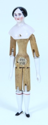 Rare small glazed china shoulder head doll on wooden jointed body, German circa 1845, - 2