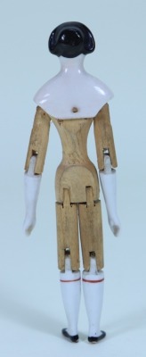 Rare small glazed china shoulder head doll on wooden jointed body, German circa 1845, - 3