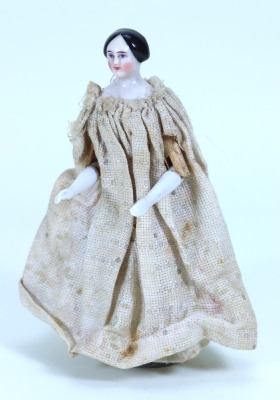 Rare small glazed china shoulder head doll on wooden jointed body, German circa 1845, - 4