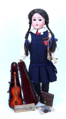 A Limbach bisque head doll in original school uniform, German 1920s,