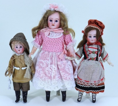 Three miniature bisque head dolls, German circa 1910,