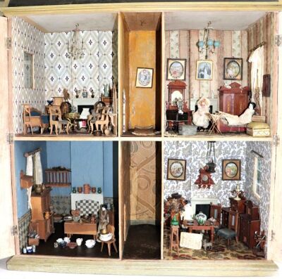 ‘Embassy House’ a large English painted wooden red brick Victorian Dolls House and contents, - 2