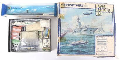 Tri-ang Minic ships, boxed H.M.S Bulwark, boxed naval harbour set