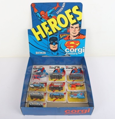 Very Scarce Reeves International USA issue Corgi Juniors Heroes Spiderman Batman Superman Shop Counter Display Trade Box