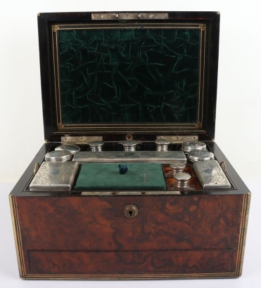 A Victorian Walnut & Brass inlaid Vanity Case, marked Bramah London