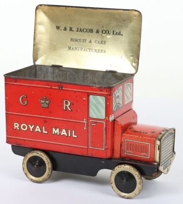 Scarce tinplate W & R Jacob & Co Ltd Royal Mail motor van biscuit tin, 1920s - 6