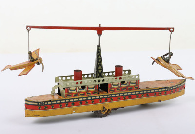 Scarce boxed CKO Kellermann clockwork tinplate ship with circling Monoplanes carpet toy 226/7, German 1920s - 4