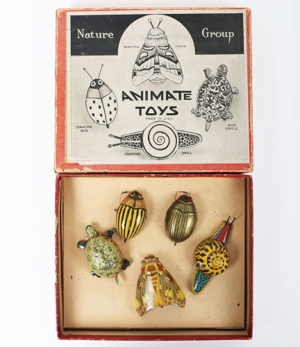 Rare boxed Animate Toys tinplate Nature Group insect penny toys, American circa 1910
