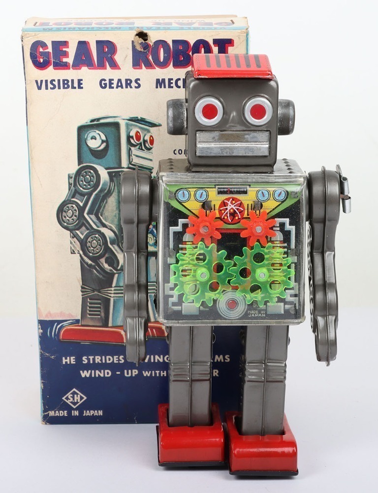 Boxed scarce SH Horikawa clockwork Gear Robot, Japanese 1960s