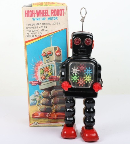 Boxed KO Yoshiya clockwork High-Wheel Robot, Japanese 1950s