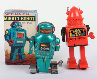 Two Robots including a boxed Noguchi tinplate mechanical Mighty Robot, Japanese 1960s, - 2