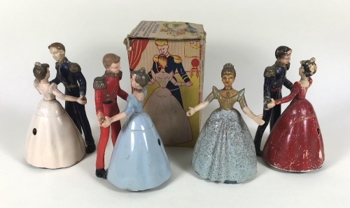 Wells-Brimtoy Cinderella and Prince Charming novelty mechanical toys, 1950s