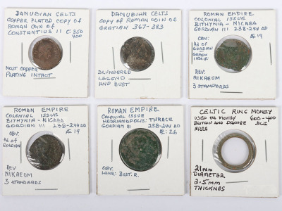 Three Gordian III Colonial Issue coins, Danubian Celtic copies of Roman coins including Constantine II and Gratian with a piece of Celtic ring money - 2