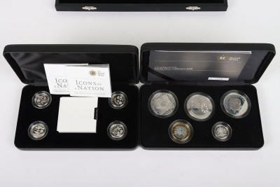 A 2008 Silver Proof set with Royal Shields and Emblems of Britain, with 2007 & 2008 Family Silver collection, with London, Edinburgh, Belfast & Cardiff silver £1, with 2014 Floral £1 four coins - 2