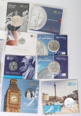 Various Silver coins including 9xBritannia coins, A Trafalgar, Big Ben and Buckingham Palace £100 .999 silver coins, with a 2015 £20 Churchill coin and Quarter ounce silver Britannia - 3