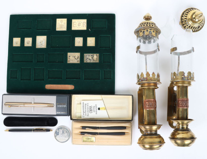 A mixed lot including a part Silver gilt stamp set, a silver Kingston St Mary coin