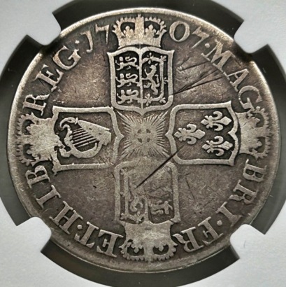 NGC VG Details Ð Anne (1702-14), Halfcrown, 1707E, Post Union