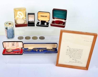 Selection of silver items of jewellery, including bangle, with an Imperial Service Medal and framed award