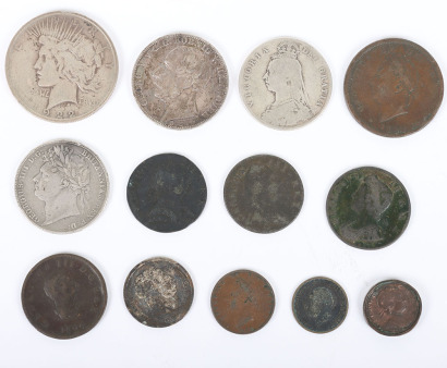 A selection of 18th century and later GB and world coinage, including 1866B Hannover Thaler, 1821 Halfcrown, 1888 Halfcrown, 1922 Peace Dollar