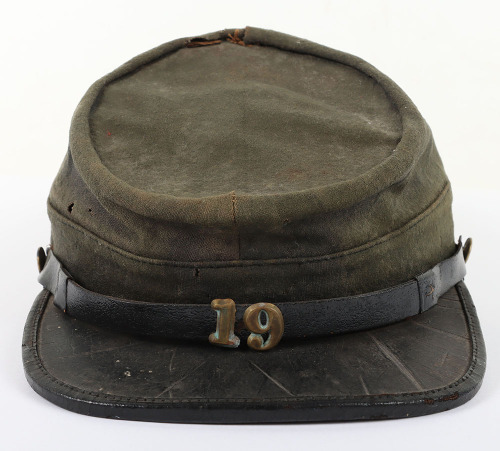 US CIVIL WAR PERIOD KEPI, WITH CONFEDERATE ID TO A “L. D. HUGES” OF THE 19TH VA