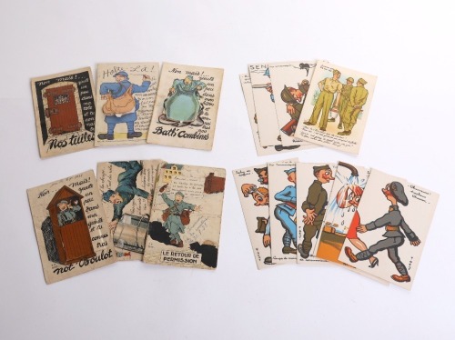 17 WWI &ndash; WWII FRENCH COLOR COMICAL-PATRIOTIC POSTCARDS